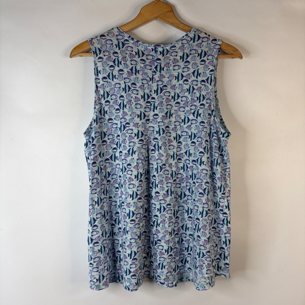 J. Jill Tank Top Women Medium Blue Tropical Fish Print 100% Linen Sleeveless - Picture 8 of 8
